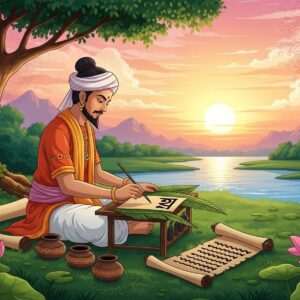 A serene, ethereal scene depicting an ancient Indian scribe, dressed in traditional Bengali attire, seated amidst a tranquil, lush green landscape with a calm river flowing nearby. The scribe is surrounded by ancient scrolls and ink pots, writing with a stylus on palm leaves. In the background, the sun sets in a palette of soft pink and warm gold, casting a gentle glow over the scene. Large, intricate mandalas and lotus flowers subtly blend into the scenery, representing the sacred origins of the Bengali script. The art style is a harmonious blend of traditional Indian motifs and modern digital aesthetics, capturing the viewer's attention with its rich details and spiritual aura.