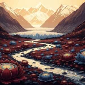 A majestic, serene landscape showcasing the Pauhunri Glacier, with its sacred river gently flowing through the scene. The glacier stands tall and imposing in the background, bathed in soft, ethereal light that casts a warm glow over the entire setting. The river sparkles with a tranquil beauty, winding its way through a lush valley dotted with intricate lotus flowers and delicate mandalas, subtly integrated into the natural landscape. The colors are rich and deep, featuring shades of maroon, peacock blue, and gold, creating a harmonious blend of tradition and modern aesthetics. The scene has a surreal, spiritual quality, inviting viewers into a world of peace and reverence, where nature and divinity coexist in perfect harmony.