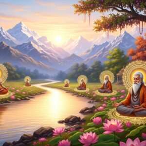 A serene and ethereal depiction of the River Vitasta, flowing gently through a lush, verdant landscape. The river is illuminated by a soft, warm golden light, casting a tranquil glow over the scene. On the riverbank, ancient Vedic sages are depicted in deep meditation, surrounded by glowing mandalas and lotus flowers. The background features majestic Himalayan peaks under a pastel sky transitioning from soft blue to pale pink. Intricate patterns and cultural motifs adorn the scene, adding depth and richness. The art style is a harmonious blend of traditional Indian art forms with modern digital aesthetics, evoking a sense of spirituality and timelessness.