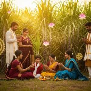 A serene Indian festival scene showcasing a lush, golden sugarcane field at dawn, with soft, glowing light illuminating the landscape. In the foreground, a traditional Indian family in vibrant, intricately patterned attire is engaged in a festive ritual. The women wear sarees in rich colors like maroon and peacock blue, adorned with gold jewelry, while the men wear traditional kurta pajamas. The atmosphere is ethereal, with floating lotus flowers and subtle mandalas in the air, blending traditional Indian art forms with modern digital aesthetics. A golden aura surrounds the scene, highlighting the cultural significance of sugarcane in Indian festivals. The image captures a sense of spirituality and celebration, inviting the viewer to explore the sacred role of sugarcane in Indian traditions.