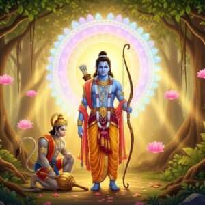 A serene and ethereal depiction of Lord Rama, with his divine blue skin and a peaceful expression, standing in a lush, enchanted forest. He is dressed in traditional royal attire with intricate golden embroidery and a saffron-colored dhoti, holding a bow in his left hand and an arrow in his right. The background features a softly glowing mandala in pastel colors, surrounded by delicate lotus flowers and gentle streams of light. Hanuman is seen kneeling reverently beside him, holding a mace, symbolizing devotion. The atmosphere exudes tranquility and divinity, with warm golden hues reflecting off the scene, emphasizing the spiritual and harmonious essence of Ram Navami. The art style blends traditional Indian motifs with modern digital aesthetics, capturing the festival's rich heritage and timeless significance.
