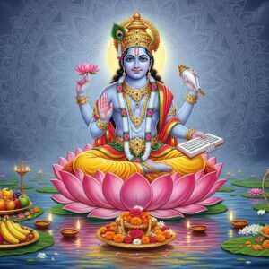 An ethereal scene depicting Lord Satyanarayan, a divine figure with a serene and compassionate expression, seated gracefully on a lotus flower amidst calm, shimmering waters. He has four hands; one holding a lotus, another a conch shell, the third in a gesture of blessing, and the fourth holding a sacred scripture. Around him, a soft, glowing aura radiates in hues of pastel blue and gold. The background features a delicate, intricately designed mandala, symbolizing spiritual harmony. Surrounding the deity are traditional offerings such as fruits, flowers, and small lamps, adding to the serene ambiance. The art style is hyperrealistic with a touch of surrealism, incorporating elements of Madhubani and Pattachitra art, creating an atmosphere of tranquility and reverence. The image should evoke a sense of peace and mindfulness, inviting viewers to explore the sacred story further.