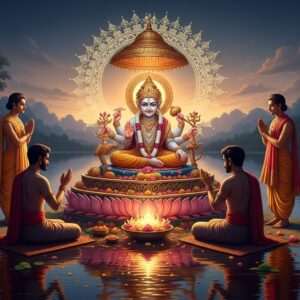 A serene, ethereal scene depicting Bhuiya Baba Puja with a sacred altar adorned with intricate patterns and motifs from traditional Indian art forms. The altar is surrounded by softly glowing golden lights and pastel-colored lotus flowers. Devotees, dressed in traditional Indian attire in rich hues of saffron, maroon, and peacock blue, are seen offering prayers, their hands folded in reverence. The background features a tranquil landscape with gentle water surfaces reflecting a soft, dreamlike glow. Overhead, a delicate mandala hovers, casting a warm, spiritual light over the entire scene. The atmosphere is one of harmony and mindfulness, capturing the essence of this ancient practice with a modern digital aesthetic.