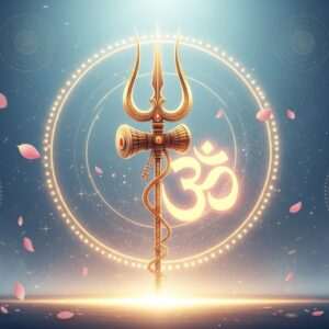 An ethereal scene depicting a majestic Trishula and the Om symbol intertwined in a harmonious dance. The Trishula, with its three gleaming prongs, stands tall and powerful, crafted from shimmering gold and adorned with intricate patterns reminiscent of ancient Indian art. It is set against a backdrop of soft, glowing mandalas that cast a serene, spiritual light. The Om symbol, radiating a gentle, warm glow, floats gracefully beside the Trishula, emanating an aura of tranquility and profound spirituality. The scene is enveloped in a palette of pastel hues—soft blues, pale pinks, and warm golds—creating a dreamlike quality. Delicate lotus petals drift across the scene, adding to the sense of peace and divinity. The composition strikes a balance between traditional symbolism and modern digital aesthetics, drawing viewers into the mystical connection between these sacred symbols.