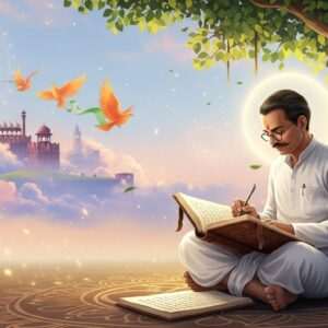 A serene and ethereal scene depicting Mahadev Desai, a distinguished Indian freedom fighter and scribe, seated cross-legged under a majestic banyan tree. He is engrossed in writing in an antique diary, surrounded by a soft glow of golden light. His traditional attire includes a simple white kurta and dhoti, with a gentle breeze subtly ruffling the pages of his diary. In the background, a surreal representation of India's freedom struggle unfolds—a blend of iconic landmarks like the India Gate and Red Fort emerging from pastel-colored clouds. The sky is adorned with faint, glowing mandalas and saffron-hued birds symbolizing peace and freedom. The overall composition is hyperrealistic, with intricate patterns on the ground resembling traditional Indian art forms. The scene captures a sense of historical depth, mindfulness, and hope, inviting readers to delve into India's rich history and Mahadev Desai's significant contributions.