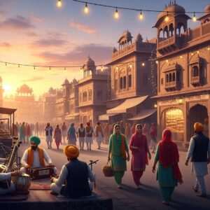 A vibrant and bustling scene of Amritsar's Heritage Street, bathed in the golden glow of a setting sun. The street is alive with the hustle and bustle of Indian people, dressed in traditional Punjabi attire with turbans and flowing dupattas, mingling harmoniously with tourists. The buildings are adorned with intricate carvings and colorful facades, reflecting the rich history and culture of Amritsar. In the foreground, a group of Indian musicians plays traditional instruments, their music filling the air. The image captures the essence of unity and cultural richness, with soft pastel hues in the sky and warm, glowing lights illuminating the street, creating a serene yet lively atmosphere. The art style is hyperrealistic with a blend of modern digital aesthetics, featuring deep colors and intricate patterns reminiscent of Indian art forms.