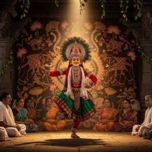 A captivating scene of a traditional Tulu Nadu ritual featuring a Daiva performer in full regalia, with vivid face paint and intricate headgear, performing the Kola dance. The performer is surrounded by an ethereal glow, with soft, pastel-hued lights illuminating the scene. In the background, intricate patterns inspired by Madhubani and Phad art form a vibrant tapestry, featuring motifs like lotus flowers and mandalas. The setting is lush and serene, with an aura of spirituality. Indian villagers, dressed in traditional attire, gather respectfully, their faces lit with a soft, warm light, reflecting the reverence and mysticism of the ritual. The art style is hyperrealistic with a surreal touch, combining deep, rich colors with modern digital aesthetics to create an image that is both traditional and contemporary.