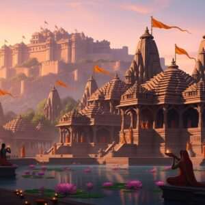 A panoramic view of the majestic Chittorgarh Fort bathed in the golden glow of a setting sun. In the foreground, a serene temple scene with intricately carved stone structures and towering spires, reflecting the rich heritage of Indian architecture. The temple is adorned with saffron and maroon flags fluttering in the breeze. A calm water body mirrors the temple's grandeur, dotted with blooming lotus flowers, enhancing the spiritual ambiance. Silhouetted figures of devotees in traditional attire perform aarti, their faces illuminated by soft glowing lights. The sky is a pastel blend of pink and warm gold, creating an ethereal backdrop. The art style merges traditional Indian elements with modern digital aesthetics, capturing the essence of spirituality and tranquility.