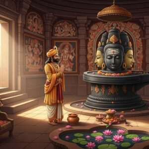 A majestic Indian king, Bappa Rawal, dressed in regal traditional attire with intricate gold and maroon embroidery, standing in reverence before the towering idol of Lord Eklingji, a four-faced Shiva lingam surrounded by a radiant aura. The temple interior is adorned with vibrant Pattachitra-style murals depicting mythological scenes, while delicate lotus flowers float in a serene water basin nearby. Soft glowing lights cast a warm, ethereal glow over the scene, enhancing the spiritual ambiance. The king's expression is one of devotion and peace, capturing the essence of his spiritual journey. The overall composition is a blend of hyperrealism and surrealism, inviting viewers into a world where history and spirituality coexist harmoniously.