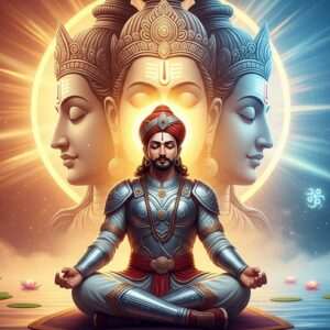 A majestic, hyperrealistic portrayal of Bappa Rawal, the legendary Indian warrior, meditating serenely before a colossal statue of Lord Eklingji, the four-faced deity. Bappa Rawal is depicted wearing traditional Rajput warrior attire, with intricately detailed armor and a serene, focused expression. The background features a vibrant amalgamation of deep maroon and peacock blue, with glowing spiritual symbols and mandalas subtly woven into the scene. The statue of Lord Eklingji is bathed in a soft golden light, with each face radiating calm and divine energy. The environment around them is tranquil, with ethereal lotus flowers floating on a calm water surface, and a gentle saffron-hued mist enveloping the scene. The overall composition exudes an aura of spirituality, reverence, and timeless warrior devotion, merging traditional art forms with a modern digital aesthetic.