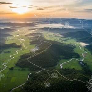 A hyperrealistic depiction of the Siliguri Corridor, captured from an aerial perspective, showcasing its lush green landscape and the winding pathways that connect various regions. The scene is bathed in the soft glow of dawn, with light mist hovering over the terrain, creating a serene yet strategic atmosphere. In the foreground, traditional Indian motifs such as intricate mandalas and stylized lotus flowers are subtly integrated into the landscape, symbolizing cultural heritage. The image combines both natural beauty and modernity, with a faint overlay of digital elements like grids or maps to highlight the corridor's geopolitical significance. The overall tone is ethereal and thought-provoking, inviting readers to delve deeper into its strategic importance.