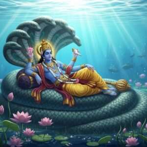 An ethereal underwater scene depicting Lord Vishnu in his Anantashayana posture, reclining gracefully on the coiled, multi-headed serpent Shesha, whose heads form a protective canopy. Vishnu is adorned in regal golden attire, with rich maroon and peacock blue accents, his four hands holding a lotus flower, a conch shell, a discus, and a mace. Surrounding Vishnu are gently swaying aquatic plants and lotus flowers, their colors soft pastels of pink and blue. Sunlight filters through the water's surface, casting a serene, mystical glow over the scene. The image embodies tranquility and divine serenity, with an intricate, digital art style blending traditional Indian motifs and modern aesthetics. The scene captures the essence of spiritual depth and mystery, inviting the viewer to explore its lore.