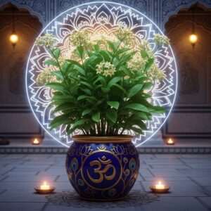 A serene garden scene featuring the Trishula plant with its lush, green leaves and delicate flowers, set against a backdrop of a traditional Indian courtyard. The plant is placed in a beautifully ornate pot decorated with Hindu spiritual symbols like the Om and lotus, all rendered in deep gold and peacock blue. Soft glowing lights illuminate the scene, casting gentle shadows and creating a tranquil atmosphere. In the background, a large, ethereal mandala glows softly, enhancing the spiritual essence. The setting is complemented by traditional Indian motifs and intricate patterns, blending heritage with a modern digital aesthetic. The overall image conveys a sense of sacred energy, serenity, and beauty, encouraging viewers to explore more about the Trishula plant.
