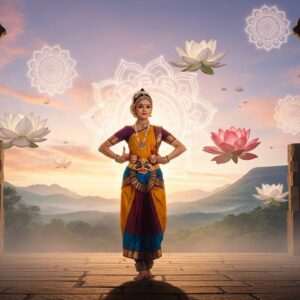 A serene, ethereal scene depicting the rich cultural tapestry of Tulu Nadu. In the center, a traditional Tuluva dancer gracefully poses in a vibrant saree adorned with intricate gold patterns, symbolizing the unique identity of the region. Her jewelry reflects cultural symbols like the Yakshagana masks and traditional ornaments. Around her, the background features a surreal, dreamlike landscape with glowing mandalas and lotus flowers, set against a backdrop of soft, pastel-hued skies. The scene incorporates elements of Tulu Nadu's architectural marvels, such as the traditional carved pillars and the lush greenery of the Western Ghats. The lighting is warm and inviting, with a subtle glow that enhances the richness of colors like saffron, peacock blue, and maroon, emphasizing the harmonious blend of tradition and modern aesthetics. The overall tone is one of tranquility and cultural pride, inviting readers to explore the depth of Tuluva identity.