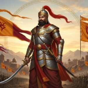 A majestic depiction of Bappa Rawal, the legendary Indian warrior, standing triumphantly atop a battleground. He is adorned in resplendent Rajput armor with intricate gold and silver patterns, reflecting the grandeur of his era. His fierce gaze is fixed on the horizon, exuding an aura of unwavering determination and strength. Behind him, a glorious sunrise bathes the landscape in warm golden hues, symbolizing victory and hope. The scene is filled with stylized elements like swirling saffron and maroon banners and ethereal glows that enhance the historical yet modern aesthetic. The background features distant mountains and ancient forts, capturing the essence of his reign. This hyperrealistic artwork blends traditional Indian motifs with a contemporary digital art style, inviting viewers into a world of valor and triumph.