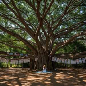 A serene and enchanting scene depicting a young Indian child sitting under a large, ancient banyan tree, with branches adorned with colorful alphabet chart