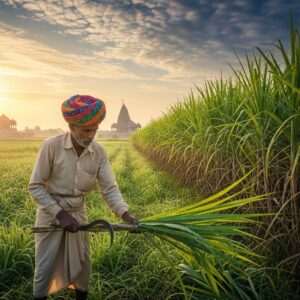 A lush Indian landscape bathed in warm, golden sunlight, with a vast sugarcane field stretching into the horizon. In the foreground, an Indian farmer dressed in traditional attire carefully harvests sugarcane, his hands skillfully cutting the stalks. The sugarcane leaves glisten with dew, creating a shimmering effect under the sun. Intricate patterns inspired by Madhubani art subtly decorate the farmer's turban and tools. In the background, ancient Indian temples rise majestically, their silhouettes blending with the vibrant saffron and peacock blue sky. Soft, ethereal clouds float by, adding a serene and spiritual ambiance to the scene. The overall composition is hyperrealistic yet surreal, balancing tradition with modern digital aesthetics, inviting viewers into a captivating journey through India's rich cultural heritage.