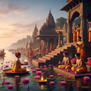 A breathtaking scene of the Hooghly River flowing under a serene, twilight sky with hues of soft blue, pale pink, and warm gold. Along its banks are intricate, traditional Indian temples with glowing mandalas and golden lights reflecting off the water. The river's surface is dotted with vibrant lotus flowers, and Indian people dressed in traditional attire are seen performing serene rituals by the water's edge. The atmosphere is ethereal and tranquil, emphasizing the river's sacred and cultural significance. The art style is a blend of hyperrealism and fantasy, capturing the spiritual essence and historical depth of the Hooghly.