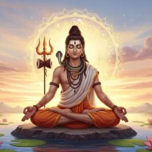 An ethereal depiction of an Indian yogi seated in serene meditation, gracefully forming the Trishula Mudra with their hands. The backdrop is a tranquil, surreal landscape featuring a glowing, golden mandala and gentle pastel hues of soft blue and pale pink. Delicate lotus flowers float on calm water surfaces, reflecting the soft, warm glow of ambient light. The yogi's expression is peaceful and focused, surrounded by a subtle aura of spiritual energy. The art style merges traditional Indian motifs with modern digital aesthetics, featuring intricate patterns and deep, rich colors to emphasize the sacred and transformative nature of the mudra.