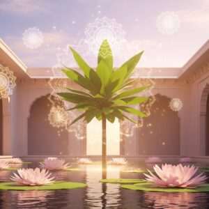 A serene and ethereal depiction of a traditional Indian courtyard, featuring a beautifully rendered Trishula plant at the center. The plant has lush, vibrant green leaves and is surrounded by glowing, ethereal mandalas floating gently in the air. The background is a blend of soft pastel hues, creating a tranquil atmosphere. Subtle golden light filters through the scene, casting a warm, inviting glow. In the foreground, delicate lotus petals are scattered across a calm water surface, reflecting the soft light. The overall composition emphasizes spirituality and harmony, merging traditional Indian motifs with a modern, digital aesthetic.