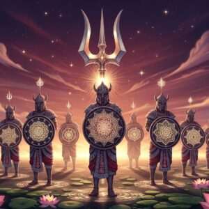 A mesmerizing, ethereal scene depicting the divine Trishula Vyuha formation. At the center, a radiant, celestial trident (Trishula) stands upright, emanating a soft, golden glow that bathes the entire scene. Surrounding the Trishula, three concentric circles of ethereal warriors with serene, focused expressions, clad in traditional yet digitally stylized Indian armor with intricate patterns inspired by Madhubani and Pattachitra art. The warriors hold shields emblazoned with glowing mandalas. The background is a blend of deep maroon and peacock blue skies, dotted with soft, glowing stars and gentle swirling clouds. The ground is adorned with delicate lotus flowers and sacred symbols, creating a harmonious balance between spiritual reverence and modern digital aesthetics. The entire composition exudes an aura of tranquility, divine protection, and strategic mastery, inviting viewers to delve deeper into the mystical significance of the Trishula Vyuha.