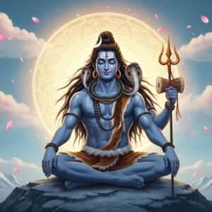 A majestic depiction of Lord Shiva, seated in a meditative posture on a serene Himalayan peak. He has a tranquil expression, with his third eye prominently visible on his forehead. His body is adorned with ash, and he wears a crescent moon on his matted locks, which flow down his shoulders. The sacred river Ganga cascades from his hair, glowing softly. In his right hand, he holds a trident with a damaru (drum) tied to it, while a cobra coils around his neck. A subtle aura of soft blue and warm gold light surrounds him, emphasizing his divine presence. The backdrop features a luminous, intricate mandala symbolizing the cosmos, with ethereal pastel clouds and gentle lotus petals falling from above. The scene embodies serenity, spirituality, and reverence, drawing viewers into the mystical essence of Maha Shivratri. Art style is hyperrealistic with a touch of modern digital aesthetics, highlighting the profound symbolism and allure of Lord Shiva.