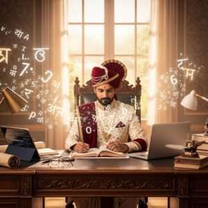 A serene Indian scholar, depicted in traditional Maharashtrian attire with a modern twist, sitting at a beautifully carved wooden desk in an ornate room. The background is adorned with intricate patterns inspired by Marathi script and grammar symbols, subtly glowing in warm gold and maroon hues. Soft pastel-colored light filters through a large window, highlighting ancient scrolls and modern digital devices harmoniously placed on the desk. The scholar is surrounded by ethereal, translucent representations of numbers and letters gently floating in the air, creating a mystical aura. The scene embodies a blend of tradition and modernity, with an emphasis on cultural richness and learning.