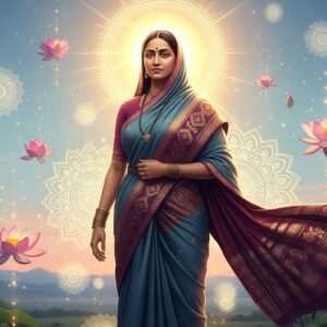 A powerful portrayal of Tarabai Shinde standing in an ethereal setting, with her figure bathed in a soft, golden glow. She is depicted in a traditional Indian attire with a modern twist, blending the elegance of a saree with contemporary design elements. Her posture is strong and determined, symbolizing her revolutionary ideas. Surrounding her are delicate, glowing mandalas and lotus flowers, reflecting her spiritual and intellectual aura. In the background, a serene landscape with pastel hues of blue and pink merges with the sky, while subtle elements of Indian culture, like intricate patterns and motifs, add depth to the scene. The image conveys a sense of empowerment and enlightenment, inviting readers to explore her views on patriarchy and women's rights.