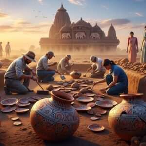 In an ancient Indian landscape, an intricately detailed excavation site at Chirki-Nevasa is illuminated under a soft, warm golden glow of a setting sun. The scene captures a group of Indian archaeologists carefully brushing away soil to reveal ancient pottery with ornate carvings and motifs reminiscent of Madhubani and Pattachitra art. In the background, the faint outline of a historic Indian temple is visible, with its structure intricately adorned with traditional patterns and symbols. The sky is a gradient of pastel hues, with gentle wisps of clouds adding to the ethereal atmosphere. This modern digital artwork combines hyper-realistic elements with a serene, surreal quality, evoking a sense of historical discovery and cultural pride.