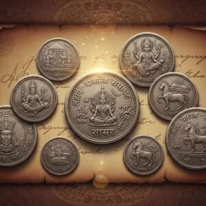 An intricately detailed digital painting featuring a collection of ancient coins from the reign of Bappa Rawal, the legendary Indian king. Each coin is depicted with hyperrealistic detail, showcasing the unique engravings and motifs, such as royal insignias, deities, and animals like horses and lions. The coins are placed on a rich, textured backdrop resembling aged parchment or royal scrolls, with subtle golden and maroon hues that reflect the grandeur of his era. A faint, ethereal glow surrounds the coins, emphasizing their historical significance and spiritual legacy. The art style combines traditional Indian patterns with modern digital aesthetics, creating a harmonious blend of heritage and innovation. The scene conveys a sense of mystery and reverence, inviting viewers to delve deeper into the numismatic treasures of Bappa Rawal.