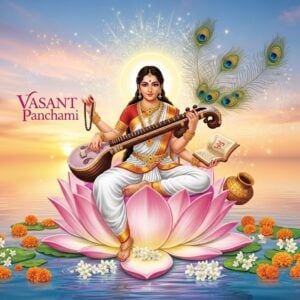 An ethereal scene of Vasant Panchami celebration, featuring an elegant Indian woman embodying Goddess Saraswati. She is seated gracefully on a large, radiant lotus flower floating on serene, calm waters. Her four hands hold a veena, a rosary, a book, and a water pot. She is adorned in a flowing white and gold saree with intricate patterns, complemented by traditional gold jewelry. Her long, black hair flows gently around her. In the background, a gentle sunrise bathes the scene in soft golden and pastel hues, with glowing mandalas and peacock feathers subtly woven into the sky. Surrounding her are delicate blooms of spring flowers like marigold and jasmine. The entire scene has a serene, spiritual, and surreal ambiance, merging traditional elements with a modern digital art aesthetic.
