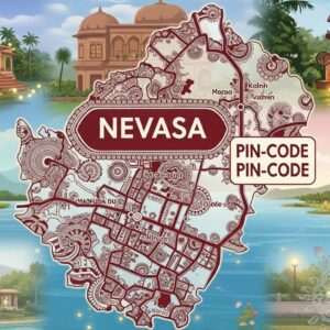 A serene, ethereal depiction of Nevasa, showcasing its unique blend of tradition and modernity. In the foreground, an intricately designed Madhubani-style map with vibrant hues of maroon and gold outlines the town, highlighting its key locations and pin code in artistic motifs rather than text. Surrounding the map, a collage of digital illustrations shows charming accommodations with traditional Indian architecture, set amidst lush greenery and calm water surfaces that reflect a pastel sky. The scene is enveloped in soft, glowing lights, with lotus flowers and mandalas subtly integrated into the design. The overall tone is tranquil and inviting, embodying a sense of exploration and cultural discovery.