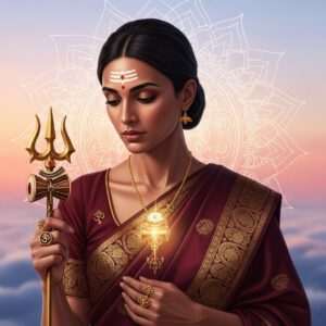 A serene and ethereal digital artwork depicting an elegant Indian woman with a calm and introspective expression, wearing a traditional saree in rich maroon with intricate gold patterns. She is adorned with a striking Trishula pendant that glows softly, suspended from a delicate gold chain. Her fingers are elegantly displayed, wearing rings that feature miniature Trishulas and other Hindu spiritual symbols. The backdrop is a harmonious blend of pastel hues, featuring a large, glowing mandala surrounded by soft, swirling clouds and lotus petals gently falling. The scene is illuminated with warm, golden light, enhancing the spiritual aura. The art style combines hyperrealism with a touch of surrealism, emphasizing the cultural significance and modern elegance of the jewelry.