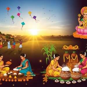 An ethereal sunrise scene, with a golden sun rising over a serene Indian village. In the foreground, a vibrant celebration of Makar Sankranti is depicted with joyful Indian families flying colorful kites against the backdrop of clear blue skies. Traditional Pongal celebrations are shown with women in elegant sarees preparing Pongal in earthen pots, surrounded by sugarcane and turmeric plants. On one side, a group of children is seen decorating a Saraswati idol with marigold flowers, symbolizing Vasant Panchami. The image blends traditional cultural elements with modern digital aesthetics, using deep saffron, maroon, and peacock blue hues. The scene is illuminated with soft glowing lights, creating a tranquil and harmonious atmosphere, capturing the essence of these festivals in 2026.