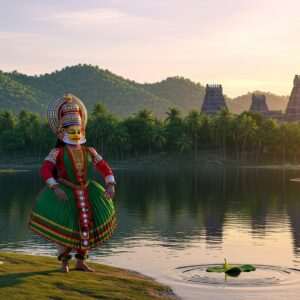 A serene, ethereal landscape of Tulu Nadu, capturing its lush, green geography with rolling hills and coconut groves under a pastel-hued sky. In the foreground, a traditional Yakshagana dancer in vibrant costume with intricate face paint and elaborate headdress, symbolizing the region's rich cultural heritage. The dancer stands by a tranquil river, reflecting the soft glow of a golden sunset. The background features ancient temples with intricate carvings, representing Tulu Nadu's historical depth. The overall composition combines hyperrealistic details with a touch of modern digital aesthetics, creating a captivating blend of tradition and innovation. The scene exudes a sense of tranquility, inviting the viewer to explore the unique traditions and history of Tulu Nadu.