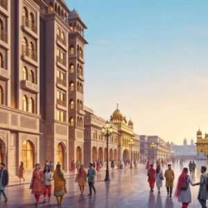 A vibrant street scene of Amritsar's Heritage Street bustling with life in 2026. The foreground features a modern, elegant hotel with grand architecture blending seamlessly with traditional Indian design elements like intricate jali work and Mughal arches. The street is lively with diverse visitors in colorful Indian attire, capturing the essence of cultural exchange. Soft glowing lights from street lamps cast a warm golden hue, while the distant view of the iconic Golden Temple shines ethereally in the background, its reflection dancing on calm water surfaces. The sky is painted in serene pastel tones of soft blue and pale pink, enhancing the tranquil yet vibrant atmosphere. The art style is hyperrealistic, blending traditional motifs with contemporary aesthetics, emphasizing heritage and modernity.