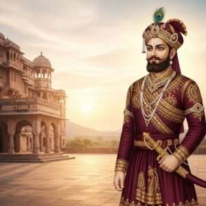 A regal depiction of Bappa Rawal, the legendary founder of the Mewar dynasty, dressed in intricate royal attire of deep maroon and gold with traditional Indian patterns. He stands majestically against the backdrop of a grand, ancient Rajasthani palace, its architecture reflecting the grandeur of the Mewar dynasty. Bappa Rawal is portrayed as a strong and wise leader, with a calm, determined expression. His turban is adorned with a peacock feather, symbolizing royalty and wisdom. In the background, a serene landscape with rolling hills and a soft, pastel sky enhances the ethereal quality of the scene. The lighting is warm and glowing, highlighting his significance in history. The art style blends traditional Indian aesthetics with modern digital flair, creating a captivating and dignified image that draws the viewer into his story.