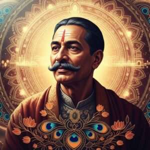 A hyperrealistic depiction of Mahadev Desai, an Indian freedom fighter, set against a backdrop of an intricate, glowing mandala that symbolizes his spiritual journey and dedication to the nation. He is portrayed in a serene and thoughtful pose, wearing traditional Indian attire with subtle digital enhancements reflecting a modern aesthetic. Rich colors like maroon, saffron, and peacock blue dominate the scene, evoking a sense of depth and reverence. A soft, warm light bathes the image, highlighting the textures of his attire and the intricate patterns in the background. The atmosphere is ethereal and calm, with elements like lotus flowers and subtle hints of historical India woven into the scene, inviting readers to delve into his life and legacy.