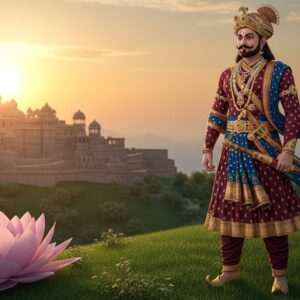An ethereal scene depicting Bappa Rawal, the legendary 8th-century ruler of Mewar, standing proudly on a lush green hilltop. He is dressed in traditional royal attire with intricate patterns, featuring rich colors like maroon and peacock blue, and adorned with gold jewelry. The background showcases an ancient fortress with majestic architecture, symbolizing his stronghold. The sky is painted with warm golden hues of a setting sun, casting a serene glow over the landscape. In the foreground, a large stylized lotus flower blooms, symbolizing purity and spiritual connection. The scene is set with an aura of tranquility and grandeur, capturing the essence of Bappa Rawal's legacy. The art style is hyperrealistic with a touch of digital modernity, ensuring a captivating blend of history and innovation.