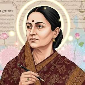 A portrait of Tarabai Shinde, an Indian woman with a dignified and determined expression, set against a backdrop of historical texts and symbols of social reform. She is depicted wearing a traditional saree with intricate patterns inspired by Madhubani and Phad art, in rich colors like maroon and gold. Her hair is elegantly tied back, and she holds a pen in one hand, symbolizing her writings. The background features subtle, ethereal glowing lights and soft pastel hues, creating a serene atmosphere. Lotus flowers and mandalas float around her, adding a surreal and spiritual touch. The overall composition is modern yet pays homage to her legacy, capturing the essence of her role as a pioneering feminist in 19th-century India.