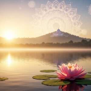 A serene, hyperrealistic depiction of the Beas River at dawn, with soft pastel hues of warm gold and pale pink reflecting on the calm water surface. In the background, an ethereal view of the Dera Beas spiritual center, subtly integrated into the lush green landscape, bathed in a gentle, glowing light. The foreground features a traditional Indian lotus flower blooming on the river, symbolizing purity and spiritual awakening. The sky is adorned with delicate, glowing mandalas softly fading into the horizon. The atmosphere is peaceful and inviting, capturing the spiritual essence and cultural significance of Beas City. The overall aesthetic is a harmonious blend of traditional Indian artistry with a modern digital touch, creating an alluring visual that invites readers to delve into the blog's exploration of Beas City's spiritual legacy.
