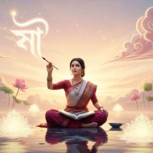 An Indian woman in a serene, ethereal setting, surrounded by gently glowing mandalas and soft pastel hues of pale pink and warm gold. She is seated cross-legged on a calm water surface, holding a traditional Indian brush, poised to write in the air with luminous strokes that resemble Bengali script. Her expression is one of tranquility and focus, embodying mindfulness. The backdrop features stylized lotus flowers and gently swirling clouds. The scene conveys a sense of modernity blended with cultural heritage, emphasizing the art of learning and mastering the Bengali language. The style is hyperrealistic with a surreal touch, inviting the viewer into a world of learning and discovery.