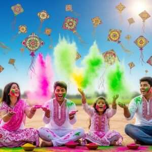 A vibrant and festive scene capturing the essence of Holi and Makar Sankranti. In the foreground, a joyous Indian family is celebrating Holi, their faces adorned with colorful powders of pink, green, and yellow. They are playfully throwing colors at each other, surrounded by swirling clouds of bright pigments. In the background, a serene depiction of Makar Sankranti with a clear blue sky dotted with colorful kites soaring high. A golden sun shines brightly, casting a warm glow over the scene. Intricate patterns and motifs inspired by Madhubani art embellish the kites and the clothing, adding a traditional touch to the modern digital aesthetic. The overall atmosphere is one of joy, unity, and cultural richness, blending traditional festival symbols with contemporary digital art flair.