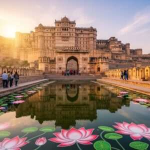 A majestic, hyperrealistic depiction of Chittorgarh Fort at sunrise, with the golden rays of the sun casting a warm glow over its towering walls and ancient structures. In the foreground, a serene, ethereal view of the lotus-filled water body reflects the fort's grandeur. Intricate patterns and cultural motifs, like Madhubani-style lotus flowers and mandalas, subtly blend into the scene. Indian tourists in modern attire wander through the fort, capturing moments with their cameras, adding a contemporary touch. The sky is painted in pastel hues of soft blue and pale pink, with gentle clouds enhancing the surreal, spiritual ambiance. The composition is detailed and vibrant, merging traditional and modern aesthetics, inviting readers to explore the historic marvel.