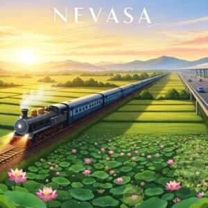 An enchanting depiction of Nevasa, capturing the spirit of travel and adventure. The scene showcases a serene, ethereal view of the town at dawn, with the rising sun casting a warm, golden glow over the landscape. In the foreground, a beautifully detailed, traditional Indian train winds through the lush green fields, with vibrant, blooming lotus flowers and glowing mandalas subtly integrated into the scenery. The distant hills are bathed in soft pastel hues, creating a dreamlike atmosphere. A modern highway with sleek cars, reflecting the progress and accessibility of 2026, is visible alongside the train tracks. The image has an inviting, hyper-realistic quality, enticing viewers to embark on their own journey to Nevasa.