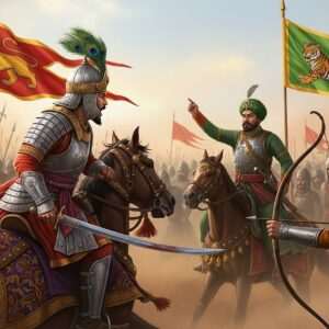 A dramatic scene depicting the historic battle between Medini Rai and Babur. Medini Rai, a valiant Indian warrior, is depicted in traditional Rajput armor with intricate designs, holding a gleaming sword. His expression is fierce and determined as he charges forward on a gallant horse adorned with rich, ornate trappings. Babur, the formidable Mughal emperor, is shown in his distinctive attire with a regal turban, commanding his troops with a strategic gaze. The battlefield is alive with action; soldiers in dynamic poses, dust swirling in the air, and vibrant flags fluttering against a dramatic sky of deep maroon and gold hues. The scene captures the intensity and valor of the conflict, blending traditional Indian art motifs with a modern digital aesthetic for an epic and engaging visual representation.