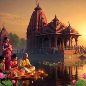 A serene, ethereal depiction of Dhabaleswar Temple, nestled on an island amidst the tranquil waters of the Mahanadi River. The temple is bathed in the warm glow of a setting sun, casting a golden hue over the scene. Intricate, traditional Indian patterns in vibrant colors like maroon and peacock blue adorn the temple's structure, merging with modern digital aesthetics. In the foreground, a group of Indian devotees, clad in colorful traditional attire, engage in prayer, their faces illuminated by the soft, glowing lights of floating diyas on the water. Lush greenery and stylized lotus flowers surround the temple, enhancing the spiritual and peaceful atmosphere. The image captures a sense of timeless devotion and tranquility, inviting viewers to explore the temple's fame and history.