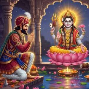 A serene, ethereal depiction of Bappa Rawal, the legendary ruler, kneeling in reverence before the deity Eklingji, in a beautifully intricate temple setting. Bappa Rawal, adorned in traditional Rajput warrior attire with intricate patterns and deep colors like maroon and peacock blue, is surrounded by a soft glow. Eklingji is portrayed as a divine figure with a glowing, golden aura, holding a trident in one hand and a lotus in another, exuding a sense of calm and spiritual authority. The backdrop is rich with cultural motifs such as mandalas and lotus flowers. Soft pastel lights and a tranquil water surface reflect the spiritual connection, creating an atmosphere of devotion and reverence. The art style is hyperrealistic with a modern digital touch, capturing the essence of heritage and innovation.