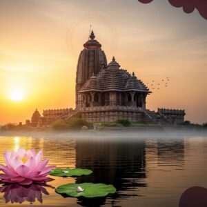 A serene, ethereal depiction of the Dhabaleswar Temple, nestled on a tranquil island surrounded by the flowing Mahanadi River. The temple, with its traditional Kalinga architecture, is bathed in the soft glow of a golden sunset, highlighting its intricate carvings and spiritual aura. In the foreground, a lotus flower blooms on the calm water surface, reflecting the temple's silhouette. A subtle, dreamlike mist hovers around, adding to the mystical ambiance. Traditional motifs and symbols subtly blend with modern digital aesthetics, featuring deep colors like saffron and maroon, creating a harmonious balance of heritage and innovation. The scene conveys a sense of divine journey and spiritual enlightenment, inviting readers to explore the temple's rich history and legends.