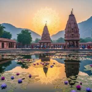 A serene and ethereal depiction of the Om and Parshuram Mahadev Temples in Pali, captured at sunrise. The temples are surrounded by a lush, verdant landscape with peacock blue and maroon hues. A glowing, golden mandala is faintly visible in the sky, casting a warm, divine light over the scene. The Om Temple is intricately detailed with traditional Indian architectural elements, while the Parshuram Mahadev Temple stands majestically with its iconic spire reaching towards the heavens. In the foreground, soft pastel-colored lotus flowers float on a tranquil water surface, their reflections shimmering in the soft glow. Indian pilgrims in traditional attire, their expressions serene and peaceful, are seen offering prayers and lighting incense sticks. The atmosphere is imbued with a sense of spirituality and tranquility, drawing viewers into this divine journey.